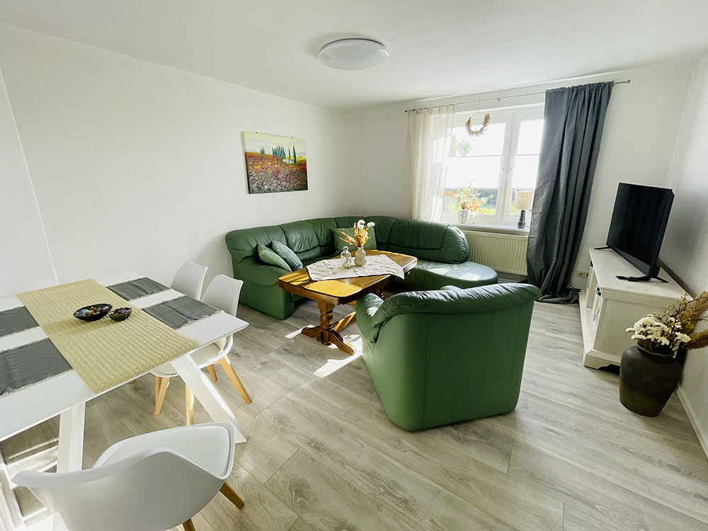 Wohnbereich des Monteurzimmer in Ballin Wohnung Nr. 7 bei Neubrandenburg mit Ledersofa, Esstisch, TV